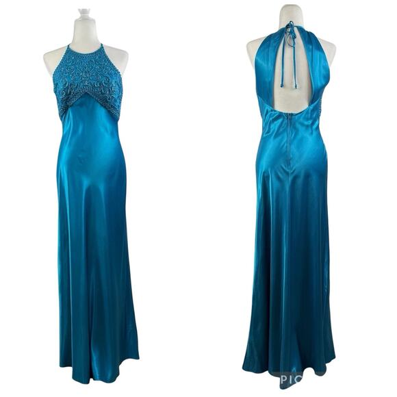 Vintage Morgan And Co Blue Satin Maxi Formal Dress 9/10 Open Back Prom Y2K 90s - Picture 1 of 16